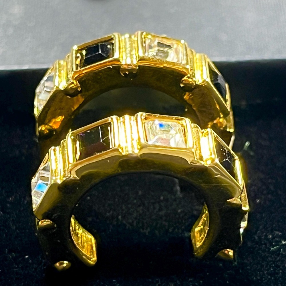 Vintage Swarovski Signed Gold Plated Geometric Black Clear Crystal Hoop Earrings